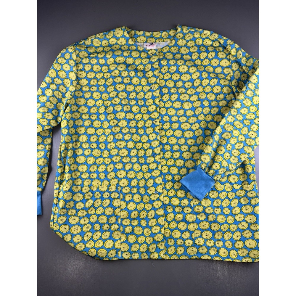 Expo Women's Scrub Jacket Large Lemon Print Snap Front Long Sleeve Blue Yellow